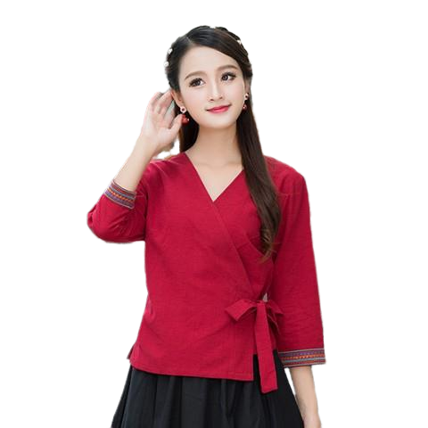 春夏中国风复古特色中式交领汉服上衣女棉麻绣花系带休闲唐装衬衣