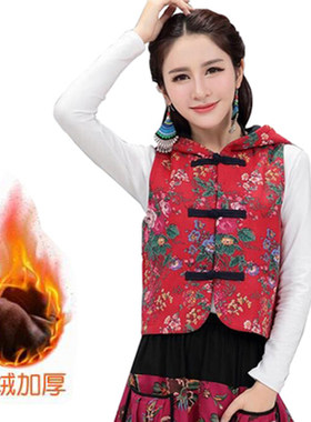 秋冬民族风棉麻印花盘扣连帽背心马甲女短款复合加绒休闲坎肩外套
