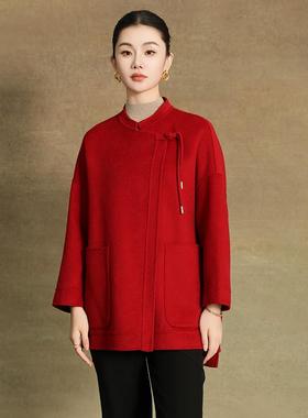 243013羊绒毛呢双面呢大衣短款新中式盘扣宽松毛呢外套