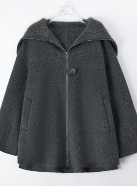 双面羊绒大衣拉链大翻针织毛领短款宽松毛呢外套高级时尚243151