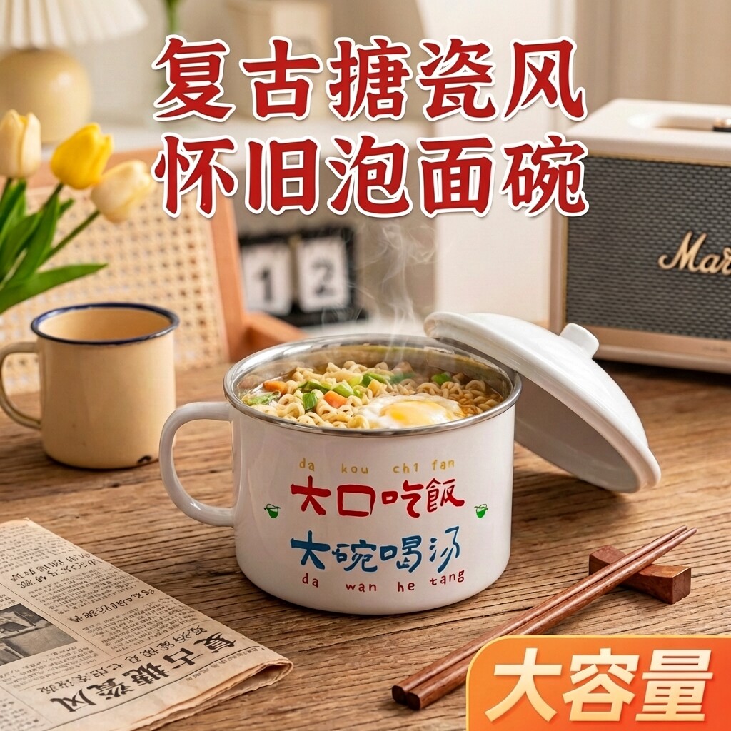 老式怀旧泡面碗带盖大号汤碗