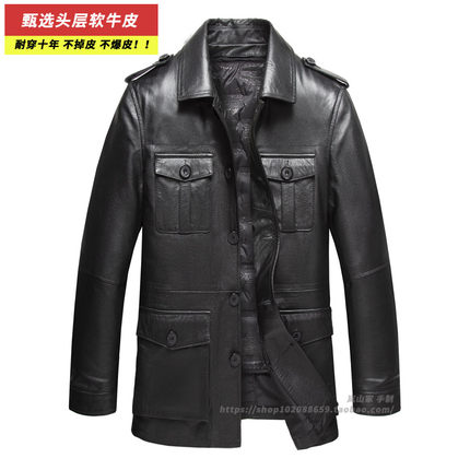 海宁真皮皮衣男士头层牛皮翻领羽绒服加厚内胆复古机车猎装皮夹克