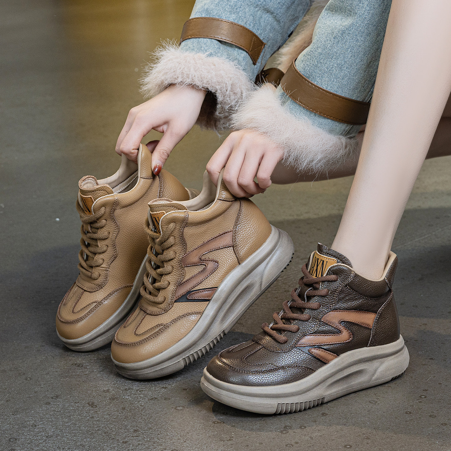 头层牛皮复古加绒高帮鞋女系带休闲鞋软底轻便增高鞋坡跟保暖棉鞋,女鞋,高帮鞋,淘宝优惠券,粉丝福利购,淘宝优惠卷
