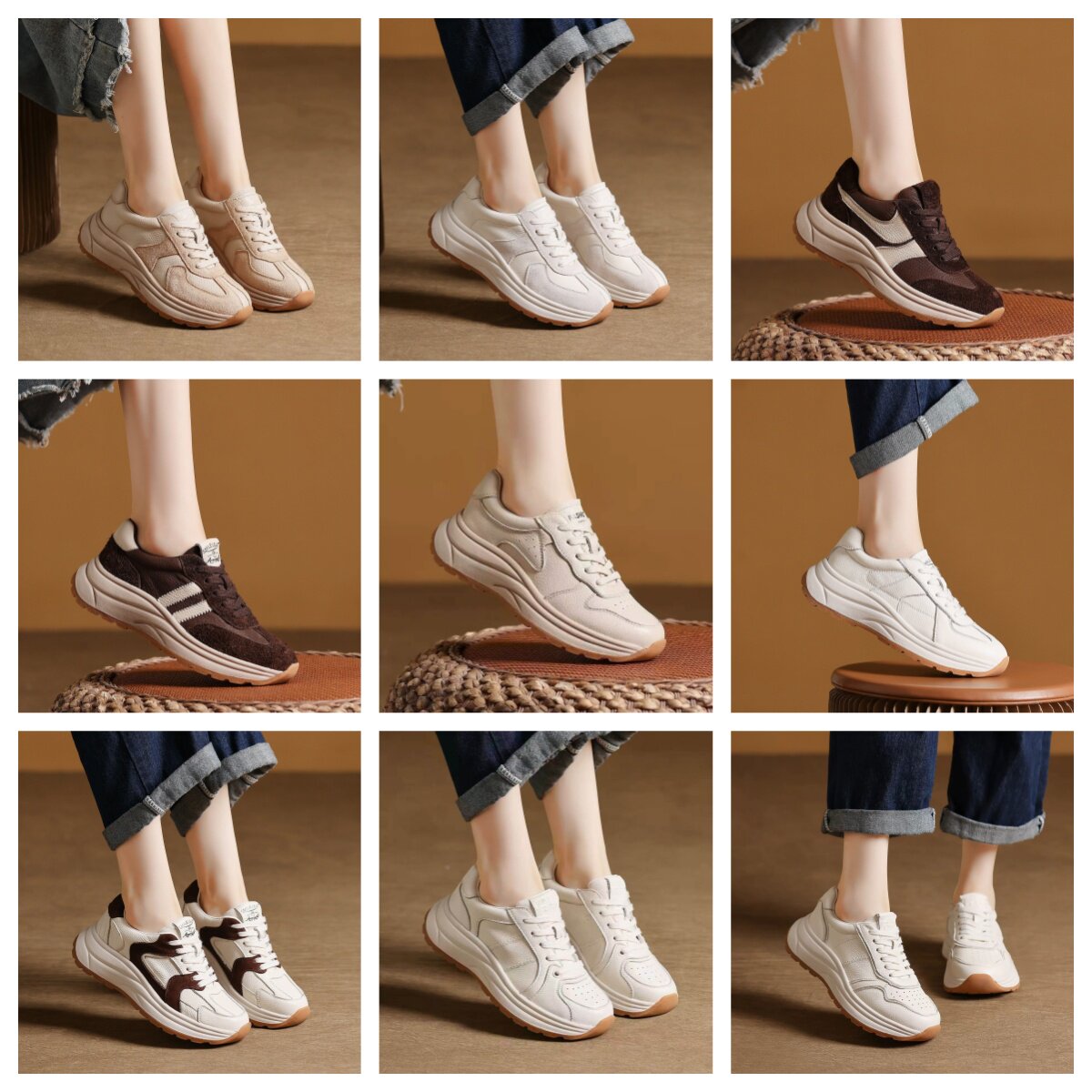 【断码清仓】头层牛皮厚底小白鞋女秋冬阿甘鞋皮面运动休闲老爹鞋