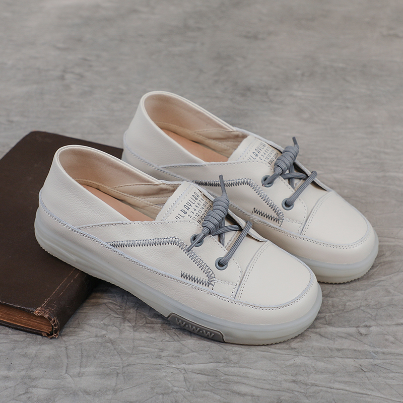 休闲平底圆头单鞋真皮牛皮小白鞋