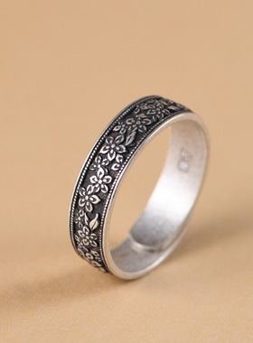藏式纯银s925银做旧戒指魅力时尚素圈碎花可调节足银指环女款礼物