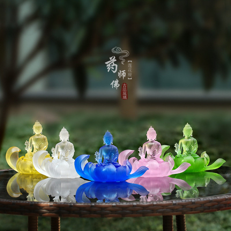 琉璃药师七佛摆件七色莲花座琉璃光如来家居客厅供佛家用佛堂摆