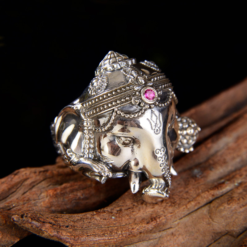 S925纯银古法银指环象鼻财申戒指民族风男女款可调节镶嵌红宝石