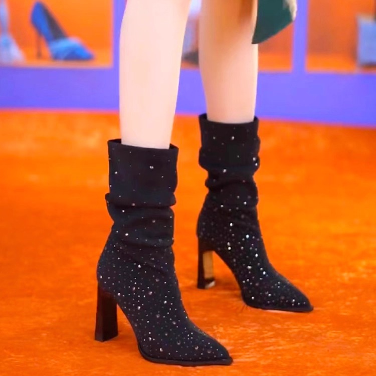 欧美设计款堆堆袜筒高跟单靴