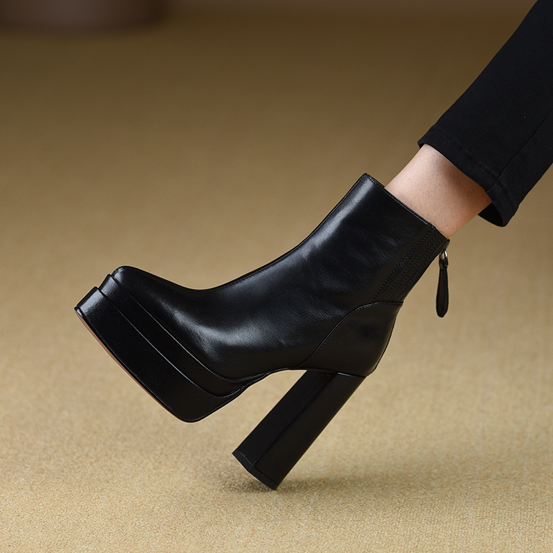 misili尖头粗跟短靴10cm高跟鞋