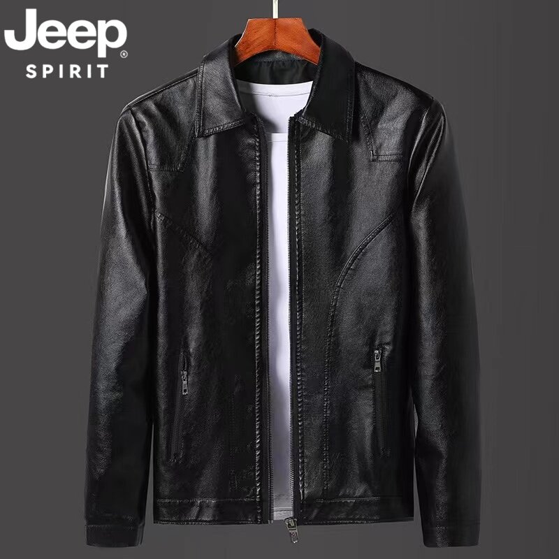 JEEP吉普翻领海宁皮衣男黑色机车服2026春秋新款休闲皮夹克外套男