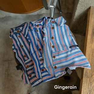 GINGERAIN 德文猫衣服无毛猫棉质系扣春秋衬衣 牛仔格子衬衫