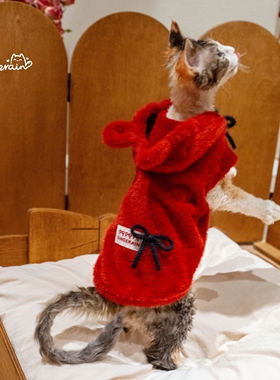 GINGERAIN 新年红毛茸茸马甲背心德文猫无毛猫连帽小熊保暖外套