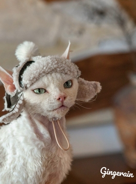 GINGERAIN 自家制版型加绒飞机帽无毛猫德文羊羔绒冬季露耳朵帽子