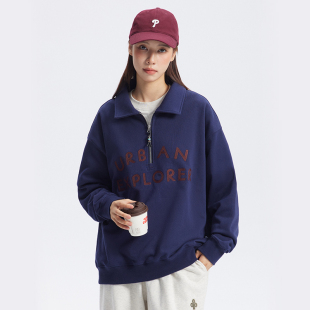 UHUZZ 男女 24AW字母刺绣半拉链POLO领卫衣复古宽松休闲翻领长袖