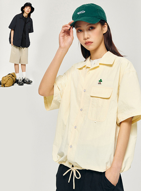 UHUZZ 23SS发现口袋纯色短袖衬衫宽松国潮牌衬衣休闲百搭外套男女