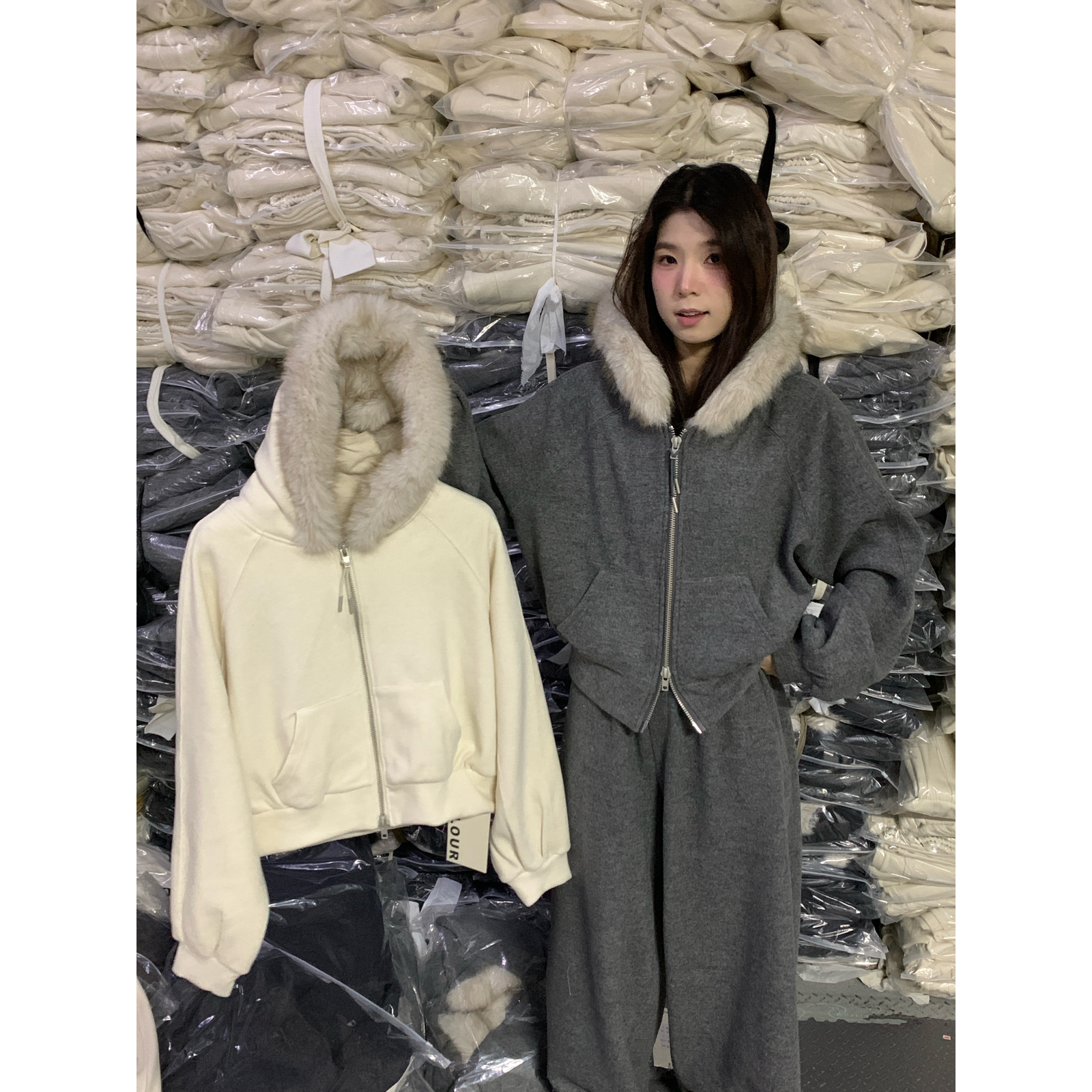 U粒-口大爆款大毛领双头拉链卫衣外套+休闲裤两件套套装YS1-83735