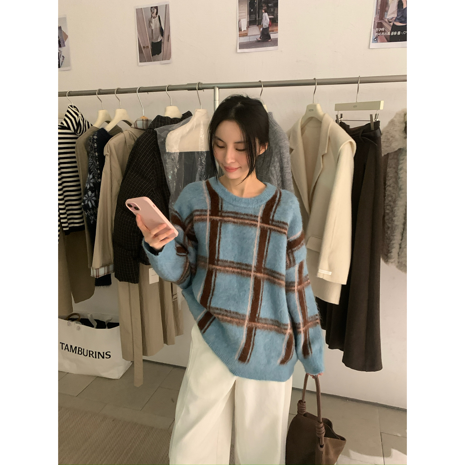 KITTIN-纹韩标PremiumWool｜复古格纹拉毛慵懒宽松保暖毛衣P10001