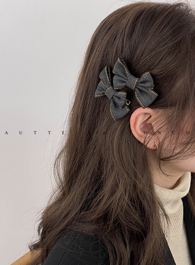 山系文艺~牛仔蓝色蝴蝶结刘海发夹顶夹高颅顶八字刘海对夹公主头