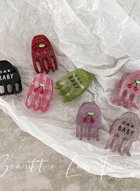 Lolita闪粉小樱桃可爱半扎发丸子头小号发抓夹粉红色格子刘海发夹