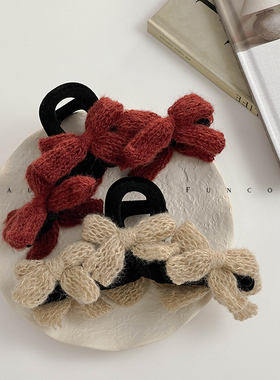 FUNCOCO｜高级感复古红色~软糯毛线蝴蝶结毛绒大号发量多鲨鱼夹