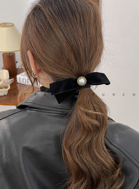 FUNCOCO 小香风蝴蝶结黑色丝绒珍珠头绳2024年新款韩国高级感发圈