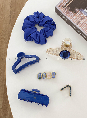 韩国新款时髦克莱因蓝色系醋酸鲨鱼夹发量少半扎发小号发夹