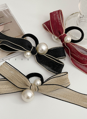 秋冬新款珍珠黑色蝴蝶结发饰发圈皮筋女扎头绳马尾高级感森系棉麻