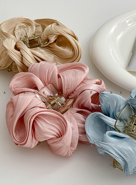 韩式奶油珠光泡芙~布艺褶皱发量少鲨鱼夹后脑勺抓夹法式少女发夹