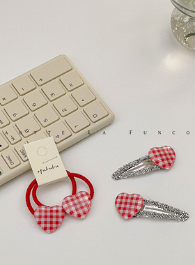 FUNCOCO｜复古韩系红色格子~碎钻刘海夹小号皮筋发圈女童发饰发夹