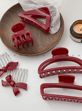 韩国东大门FRANCE小金标高档醋酸鲨鱼夹复古红色抓夹气质优雅发饰