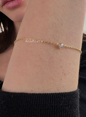 Anam12.9银镀金爆闪单钻莫桑钻一颗钻泡泡飞碟叠戴20分鼻屎细手链