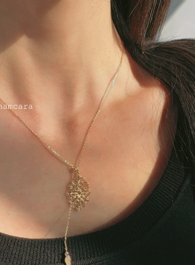 精工复古镂空树叶镶钻吊坠毛衣链