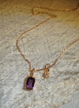 Anam1.5天然紫水晶吊坠好运项链护佑马年本命年银镀K金方形锁骨链