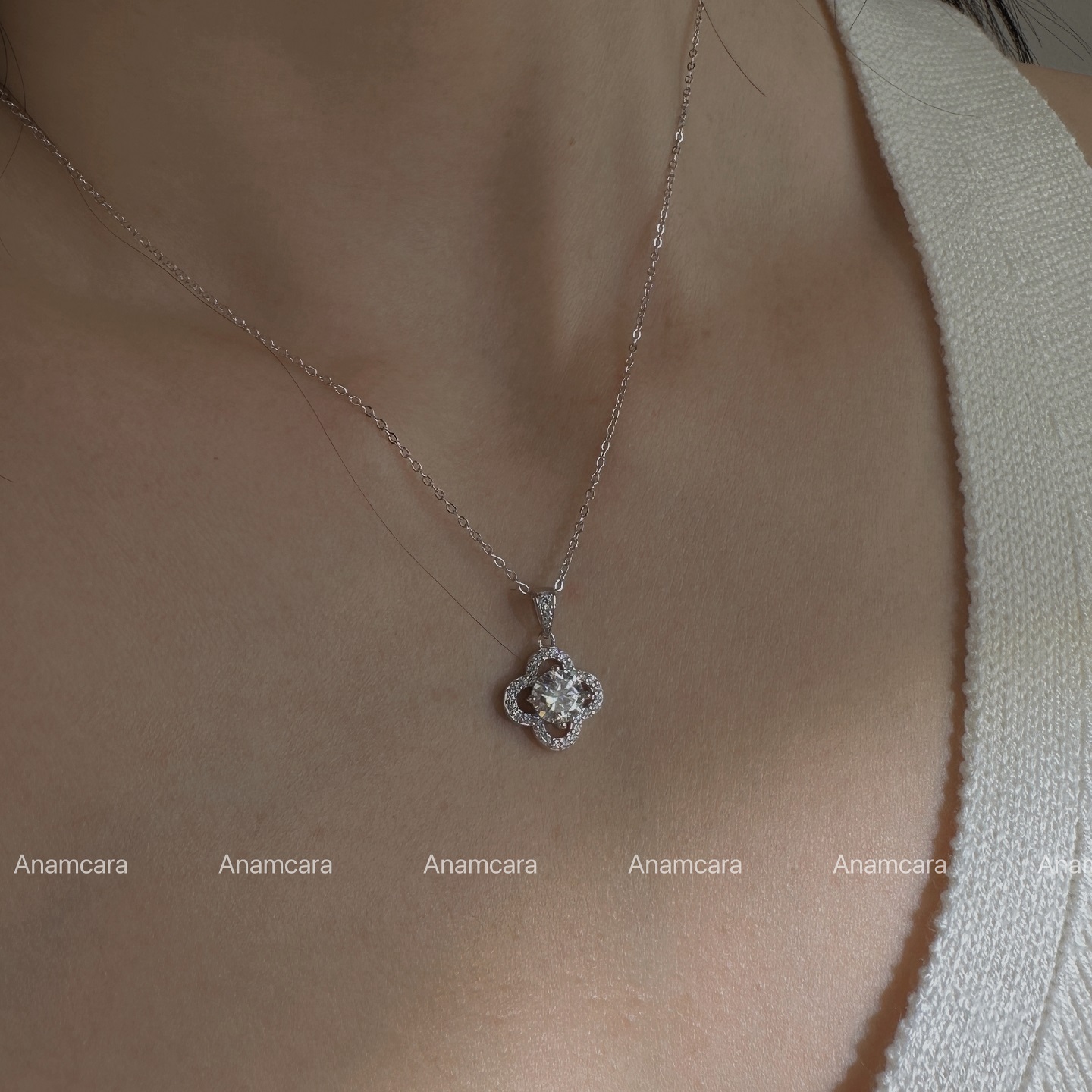 Anam纯银镀18K白金满钻幸运四叶草莫桑钻项链轻奢小众高级锁骨链