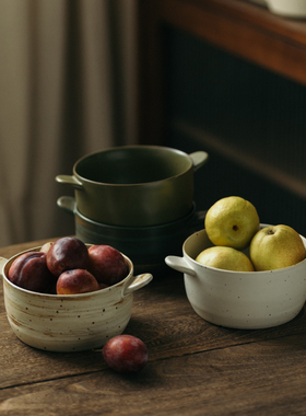 伍杯景德镇陶瓷餐具汤碗面碗沙拉碗粗陶双耳家用手工日式复古