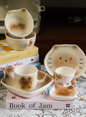 伍杯景德镇手绘可爱猫猫窑陶瓷咖啡杯点心盘碗碟下午茶餐具高温
