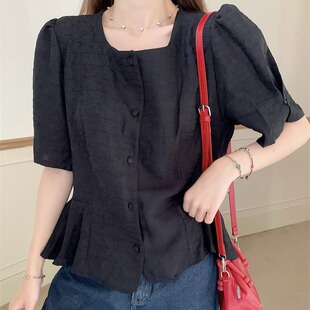 荷叶边衬衫 韩版 优雅圆领单排扣提花喇叭袖 法式 上衣女 chic夏季