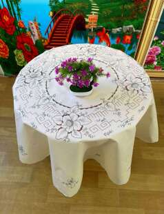 纯麻布手工刺绣刁绣平绣抽絲多种工艺圆桌布