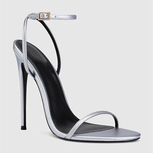 欧美外贸圆头露趾脚腕绑带45大码高跟鞋细跟一字带性感女走秀凉鞋