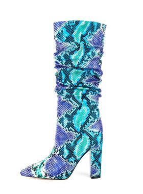 欧美外贸尖头褶皱堆堆靴套筒蓝色蟒蛇纹47大码粗高跟及膝靴高筒靴
