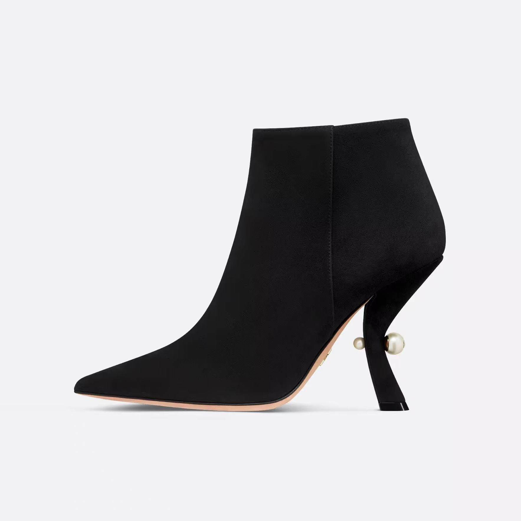 欧美外贸异形跟真皮绒面短靴尖头46大码高跟珍珠时装裸靴女及踝靴