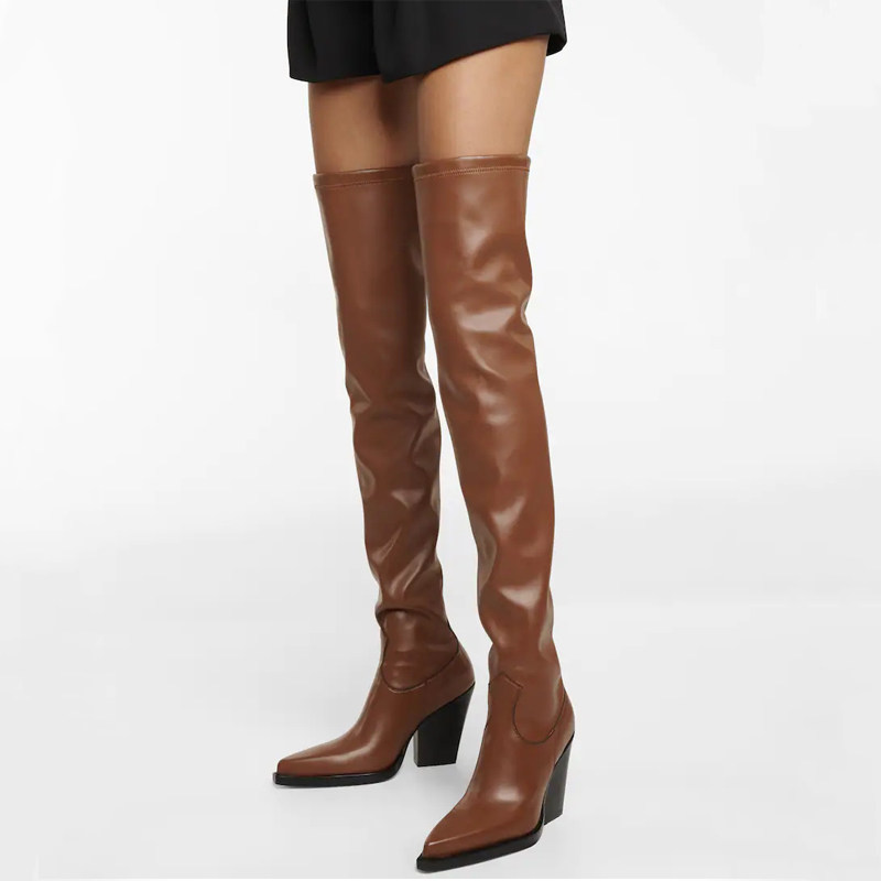 欧美外贸牛皮尖头粗跟过膝长靴真皮高跟446大码套筒时装靴褶皱女