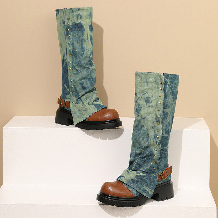 欧美外贸圆头皮带扣裤管靴中粗跟厚底牛仔及膝靴裙边铆钉女高筒靴