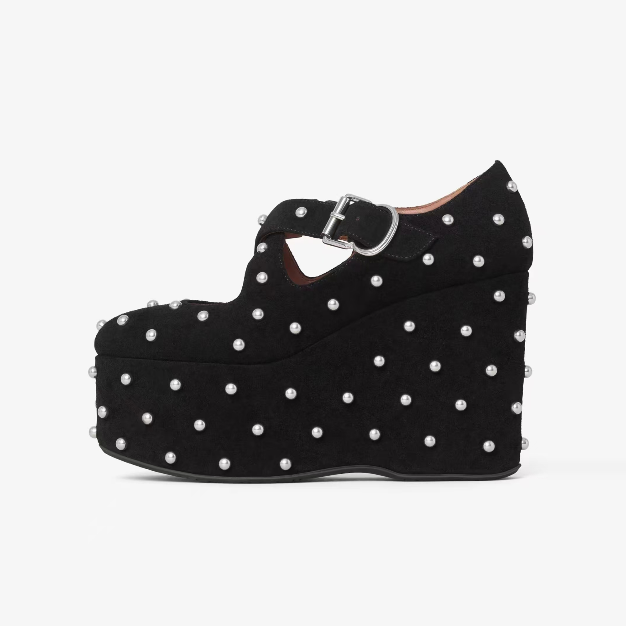 欧美外贸圆头防水台坡跟单鞋皮带扣珍珠厚底松糕跟马毛豹纹高跟鞋