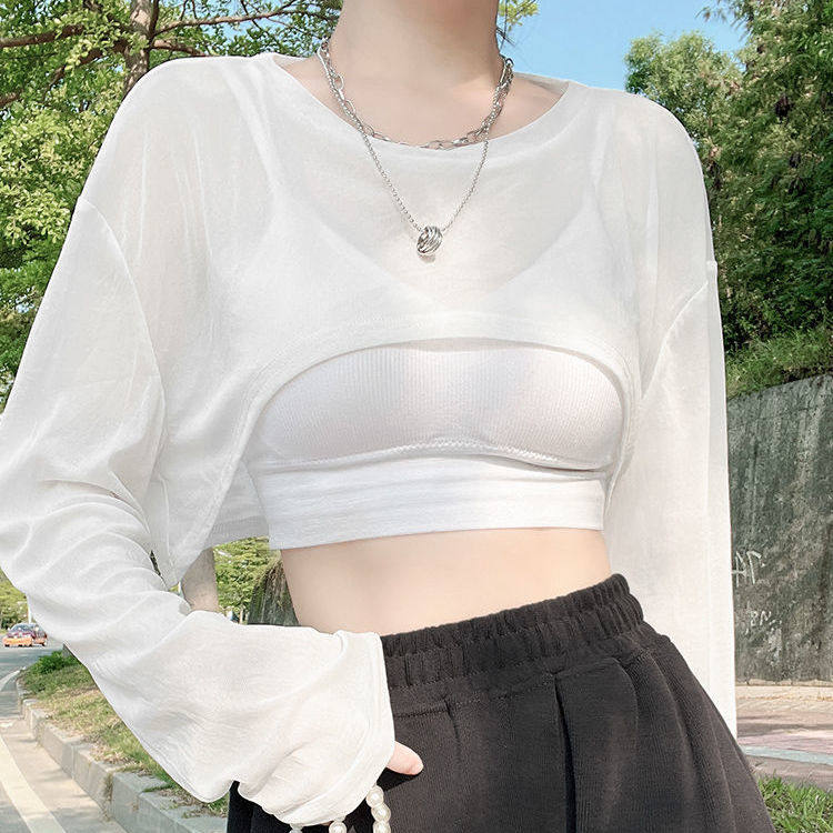 冰丝罩衫女夏吊带裙内搭打底薄款防晒长袖超短款外搭辣妹网纱上衣