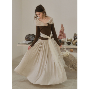 柔软优雅半裙套装 彼得潘大叔 立体花交叉领针织衫 法式 森呼吸