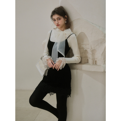 彼得潘大叔《香风未央》可拆卸丝巾针织衫后拉链蕾丝边吊带裙套装