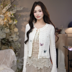 彼得潘大叔《蝶影》法式镂空立体蝴蝶装饰针织衫系带开衫上衣