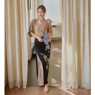 上衣重工珠片绣一片半裙 串珠系带抽褶喇叭袖 彼得潘大叔 如荼